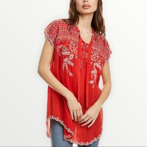 Johnny Was NWT Red Embroidered Floral Lissa Blouse Size XS